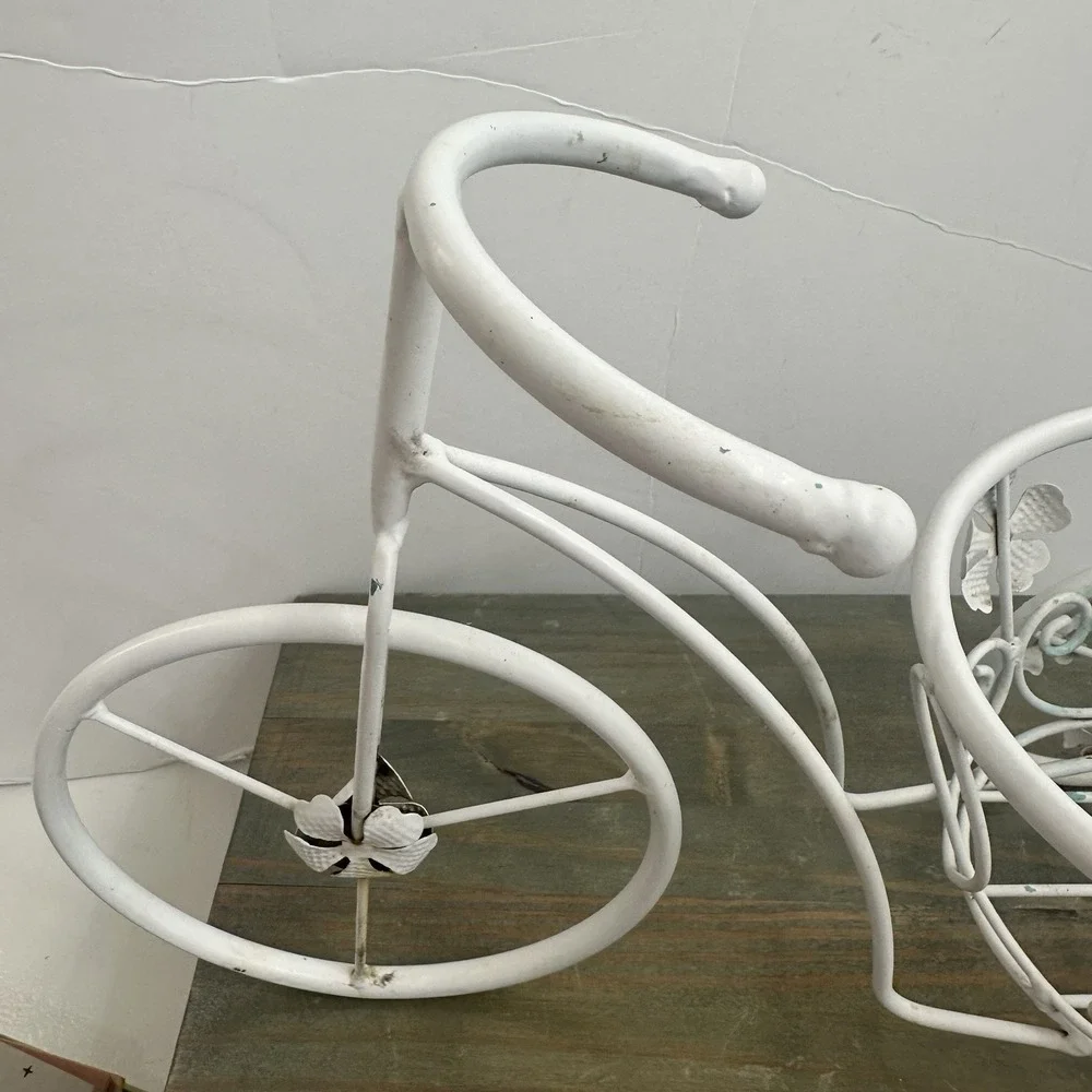 Vintage Metal Tricycle Planter Plant Stand Shabby Chic Rustic White Holds 6